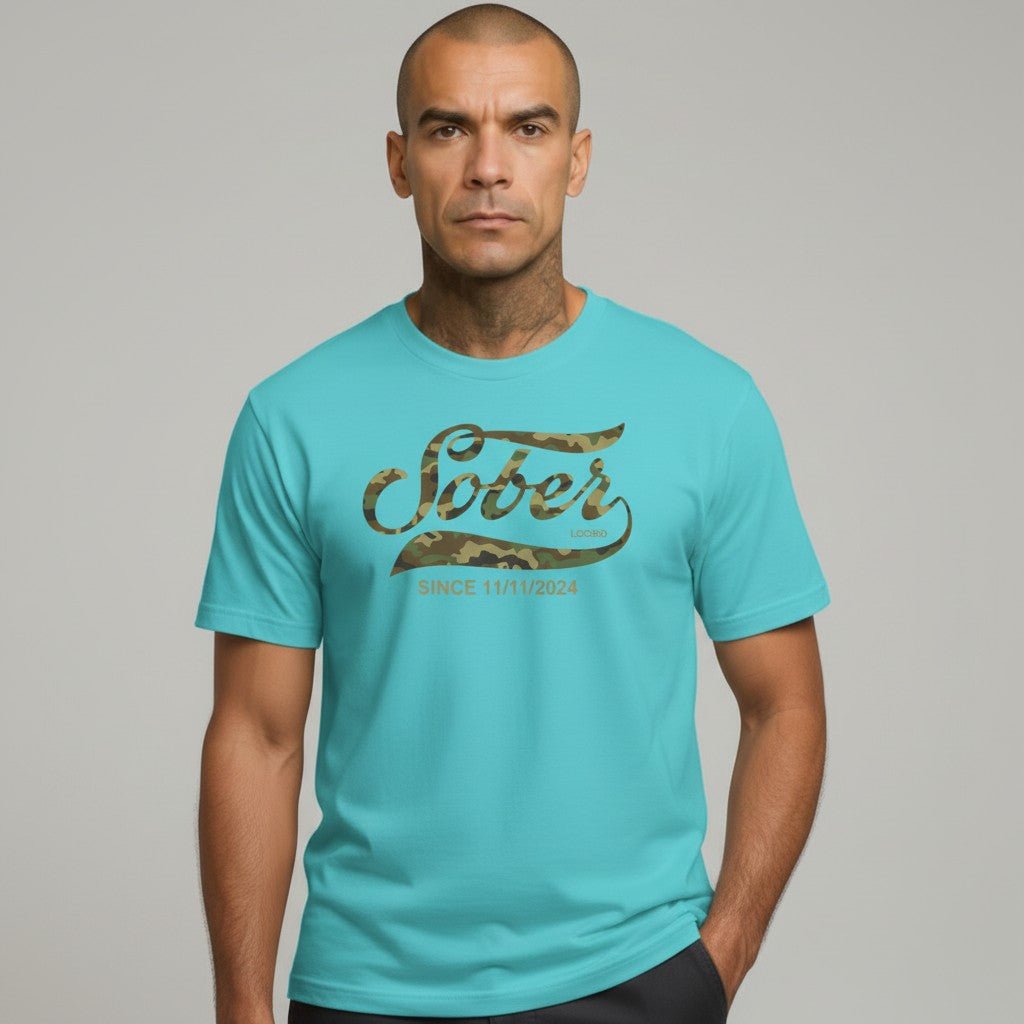 Sober Since Camo Sober T Shirt flat lay styled image (view 13)