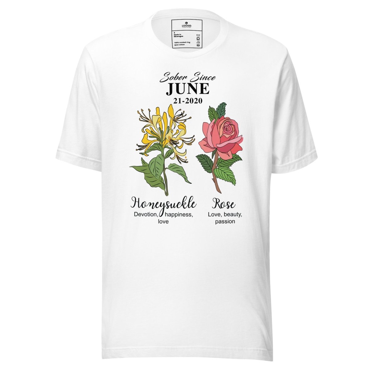 Sober Since Monthly Flower Tee Personalized with Your Sober Date Sober T Shirt graphic detail (view 4)