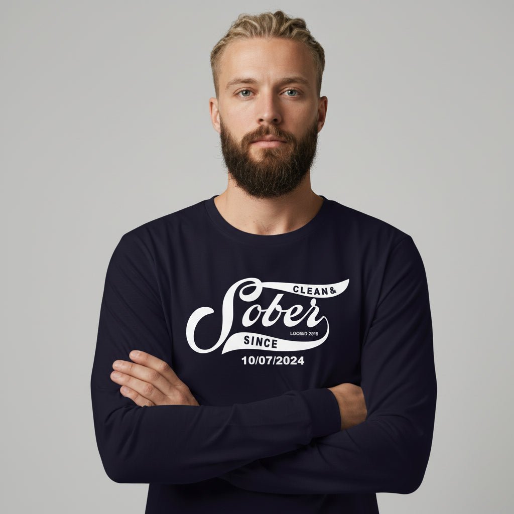 Sober Since Long Sleeve w Custom Sobriety Date Sober T Shirt back view (view 17)
