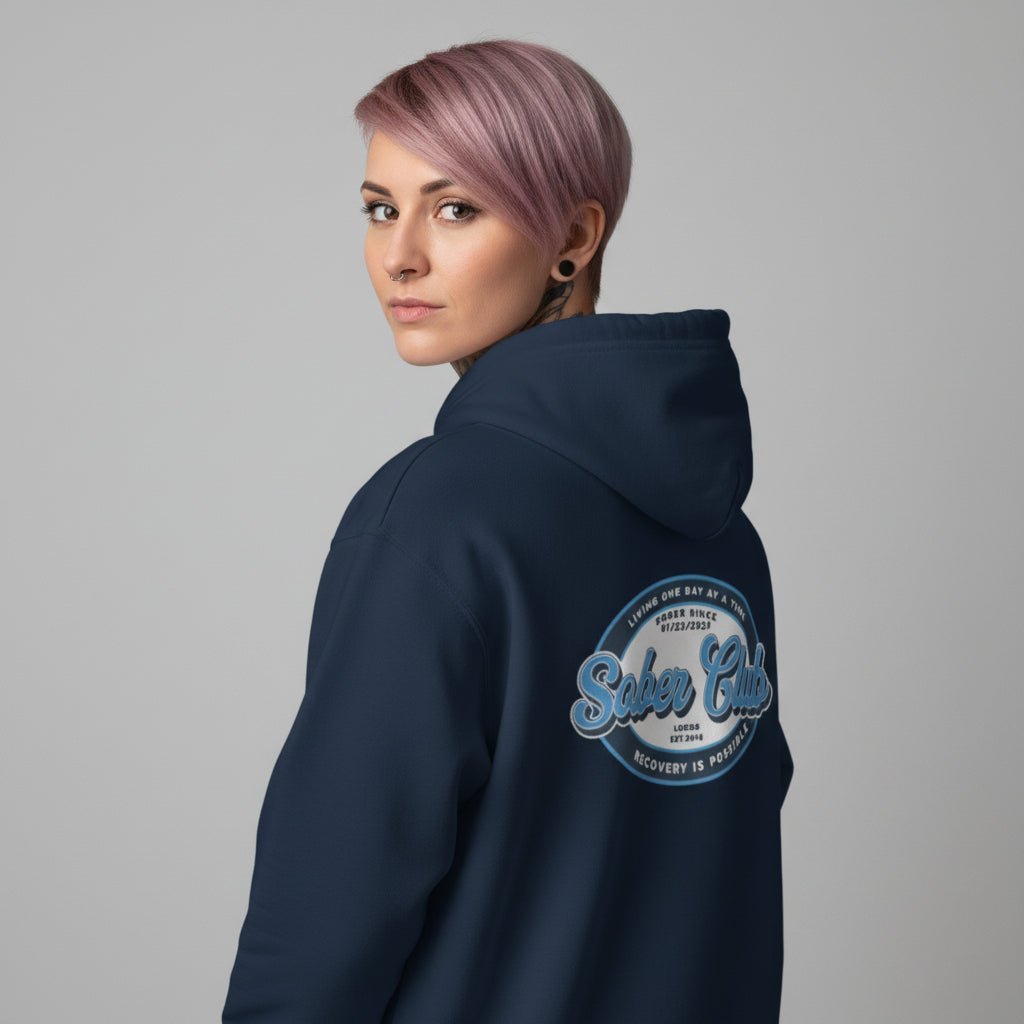 Sober Club Badge Left Chest Print Unisex Zip Recovery Hoodie close-up view (view 12)