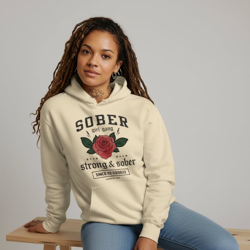 Sober Girl Gang Strong & Sober Crest Recovery Hoodie flat lay styled image (view 23)