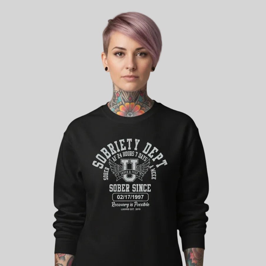 Sobriety Dept 24 7 Long Sleeve Sober T Shirt close-up view (view 2)