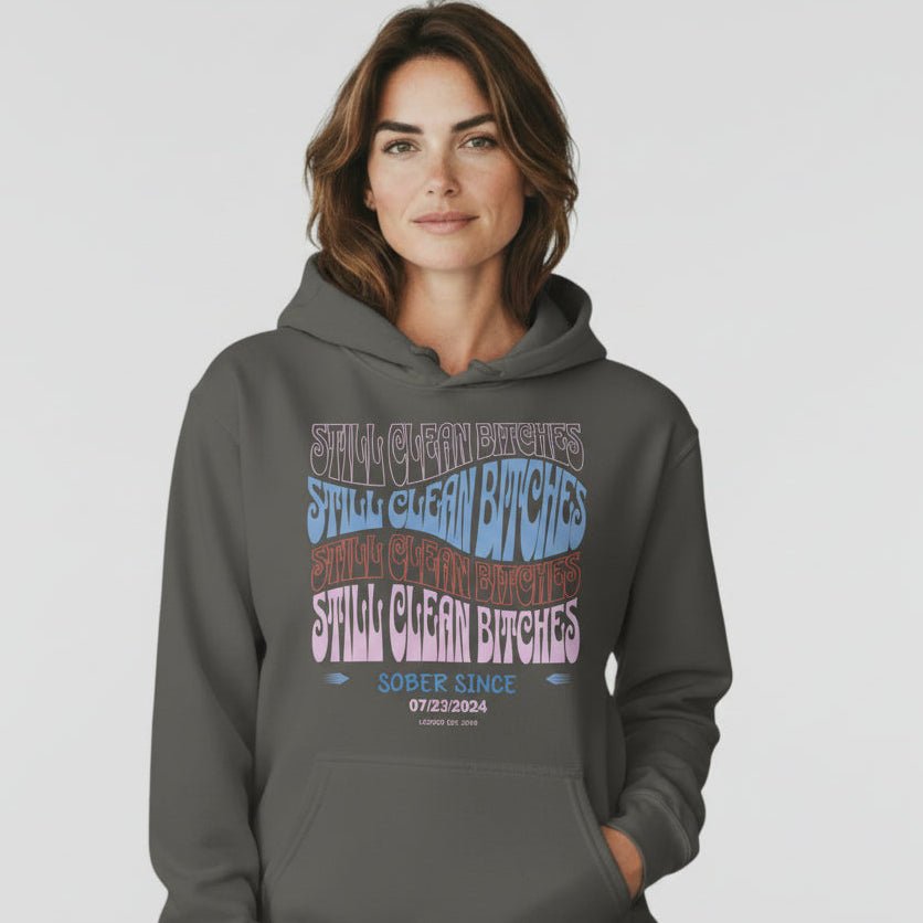Still Clean B Custom Recovery Date Recovery Hoodie flat lay styled image (view 13)