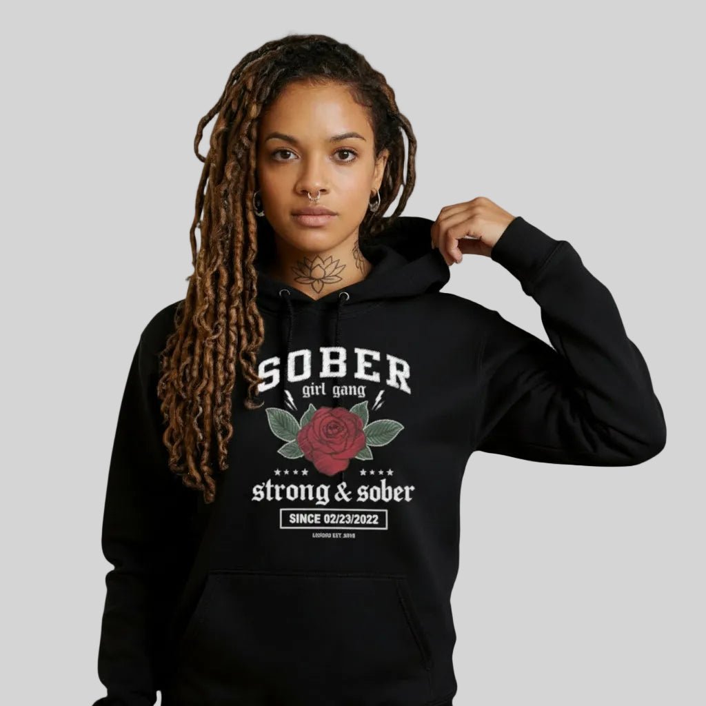 Sober Girl Gang Strong & Sober Crest Recovery Hoodie side view (view 6)