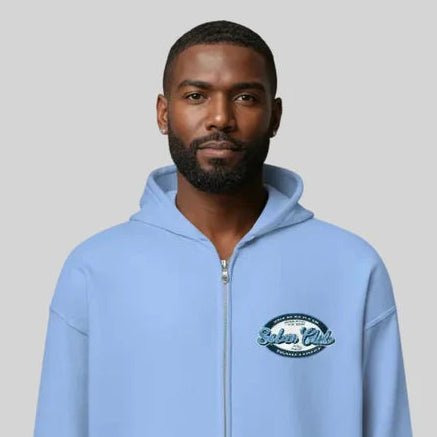 Sober Club Badge Left Chest Print Unisex Zip Recovery Hoodie back view (view 17)