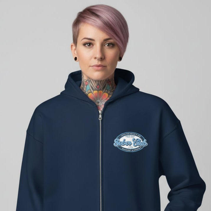 Sober Club Badge Left Chest Print Unisex Zip Recovery Hoodie fit detail (view 9)