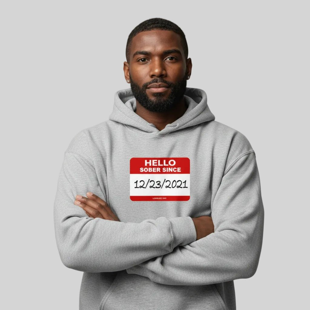 Hello Sober Since Recovery Hoodie lifestyle view (view 25)
