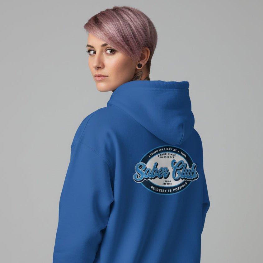 Sober Club Badge Left Chest Print Unisex Zip Recovery Hoodie close-up view (view 22)