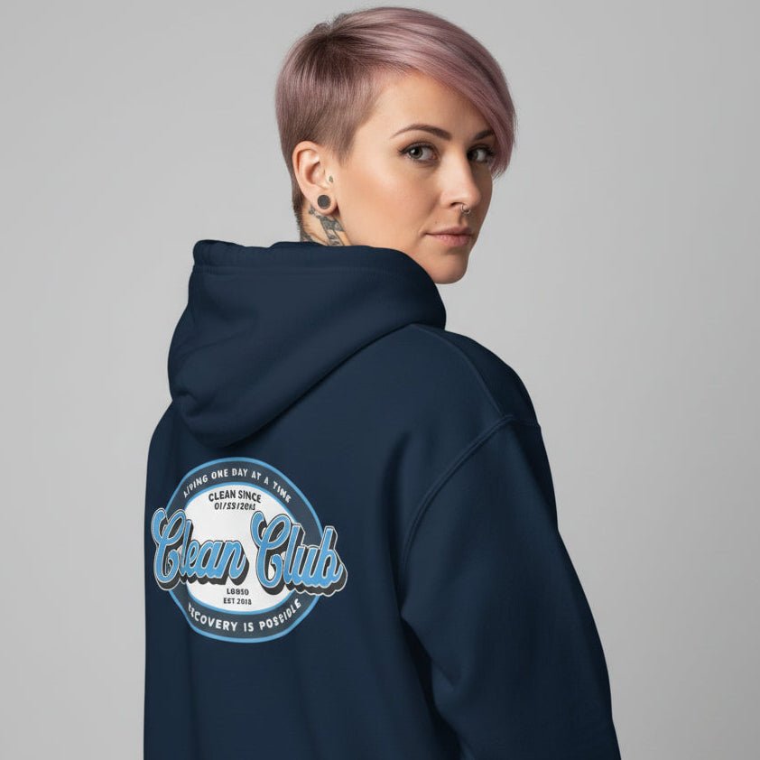 Clean Club Badge Left Chest Print Unisex Zip Recovery Hoodie close-up view (view 22)