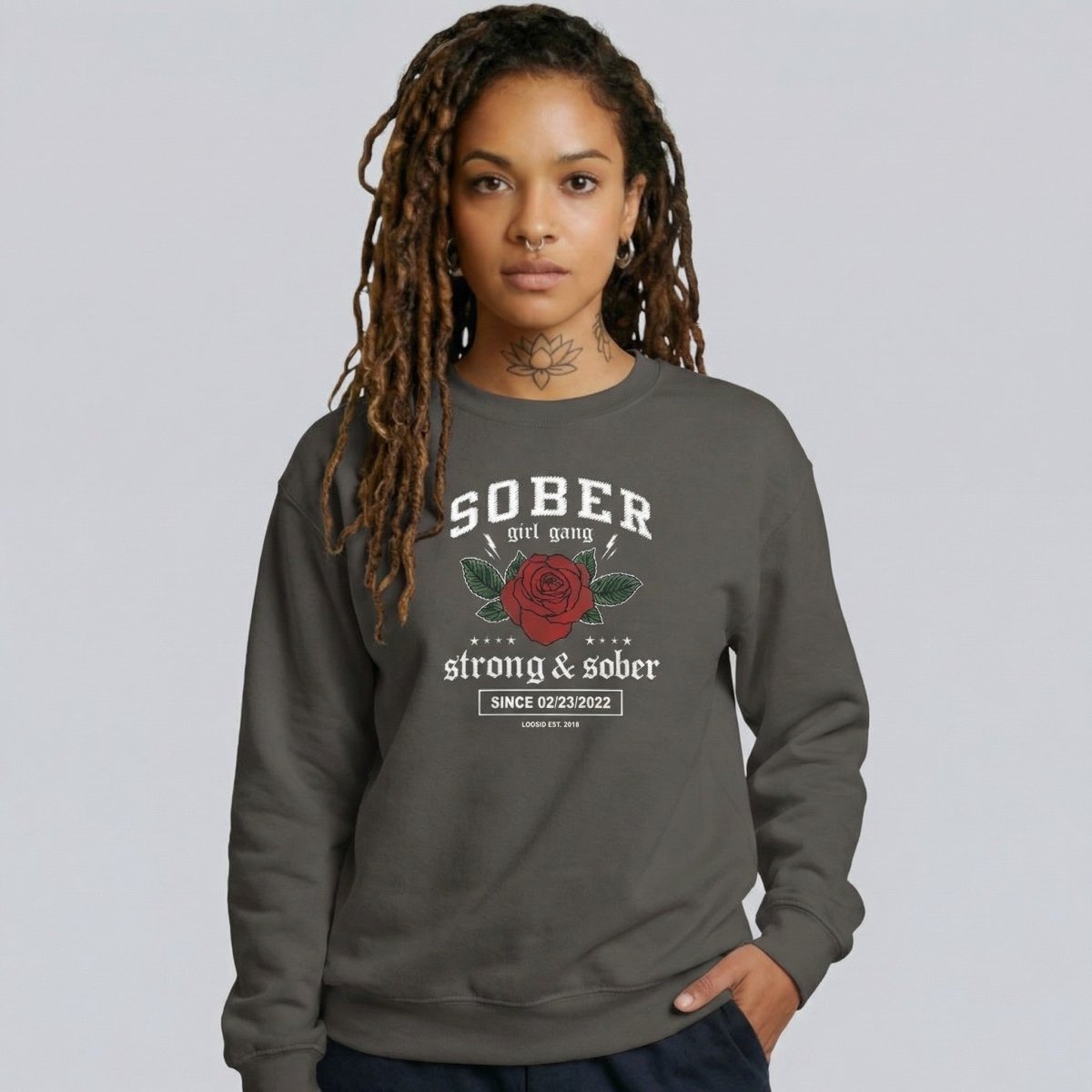 SOBER Girl Gang Strong & Sober Recovery Hoodie fit detail (view 19)