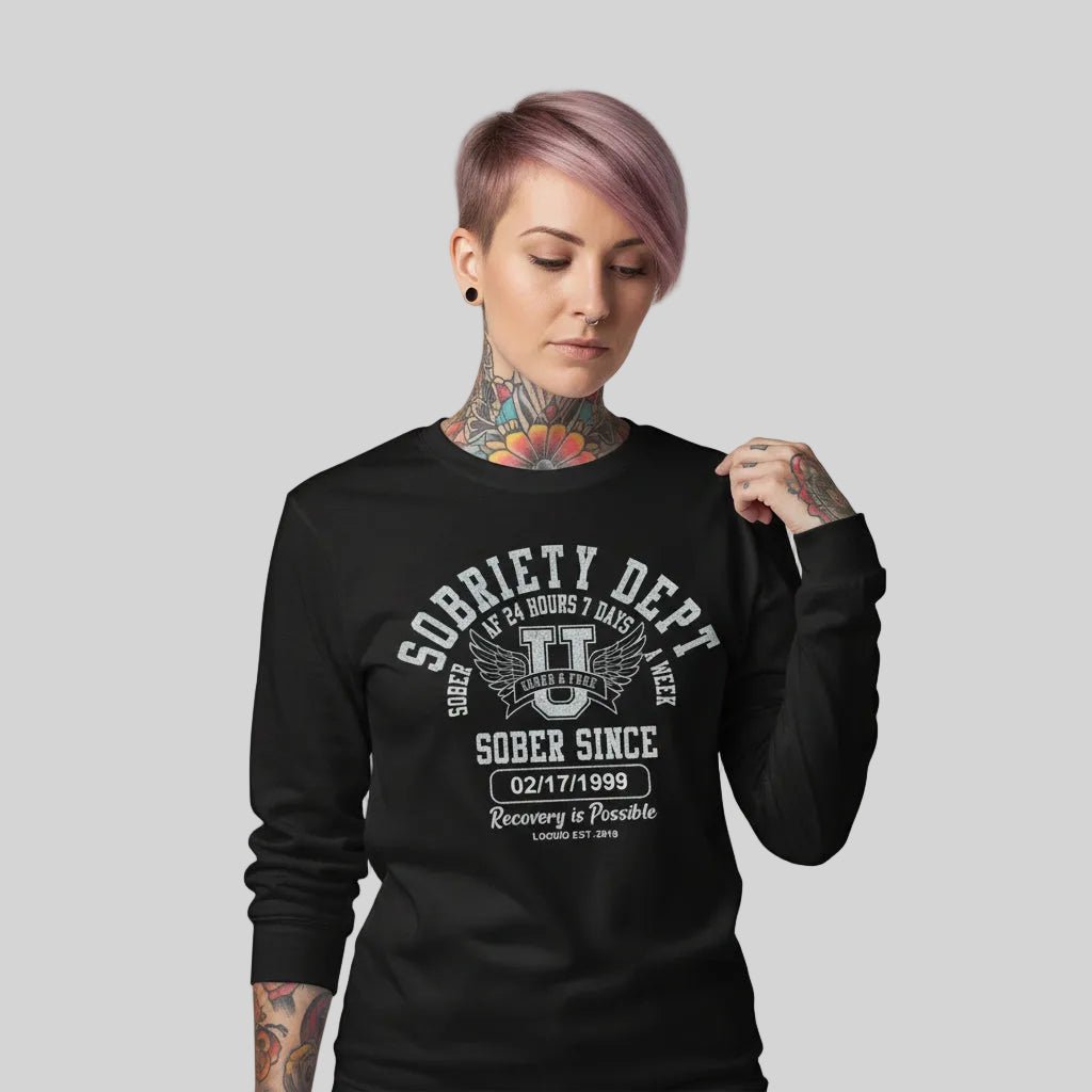 Sobriety Dept 24 7 Long Sleeve Sober T Shirt lifestyle view (view 5)