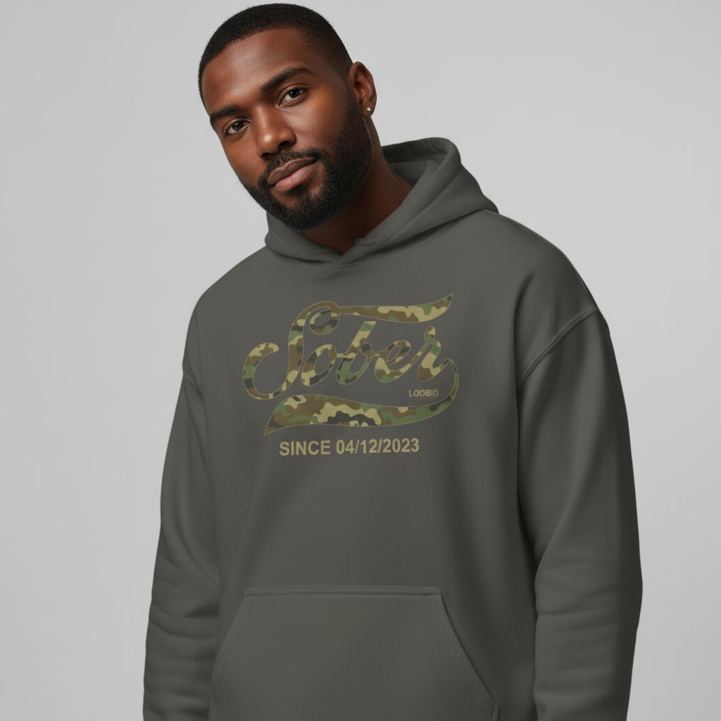 Sober Since Camo Recovery Hoodie fit detail (view 9)
