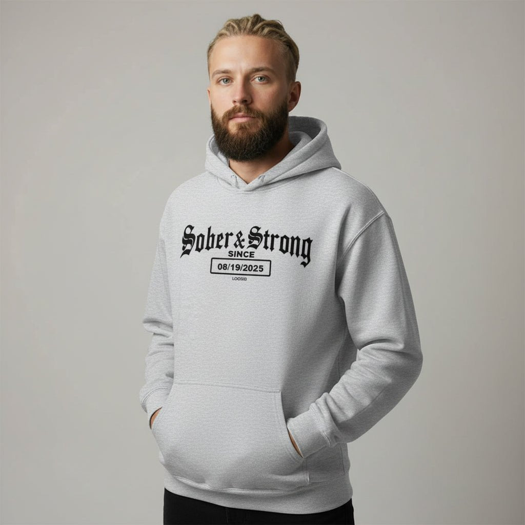 Sober & Strong Old School Recovery Hoodie flat lay styled image (view 43)