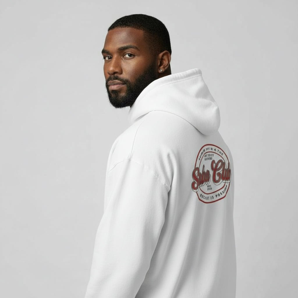 Sober Club Badge Unisex Zip Recovery Hoodie flat lay styled image (view 33)