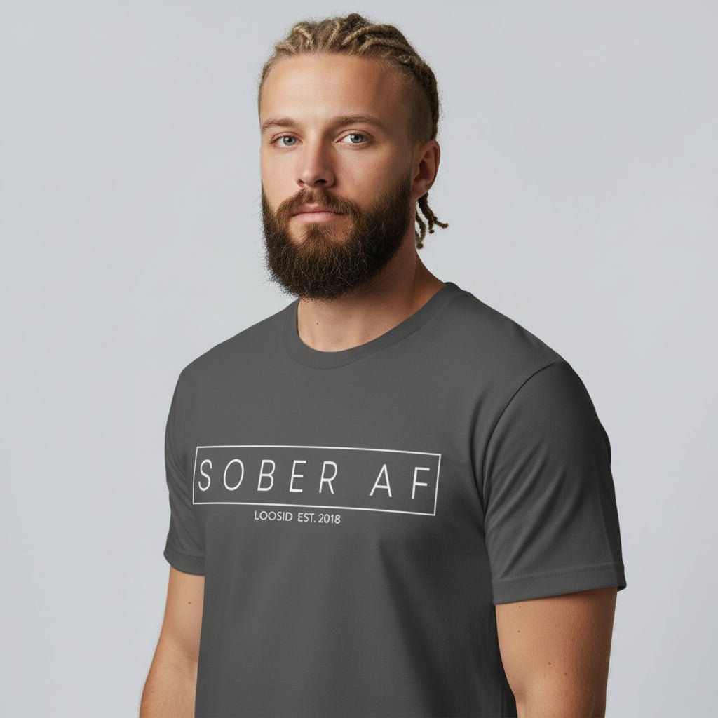 Sober AF Men's Tee for Strength and Recovery Sober T Shirt close-up view (view 12)