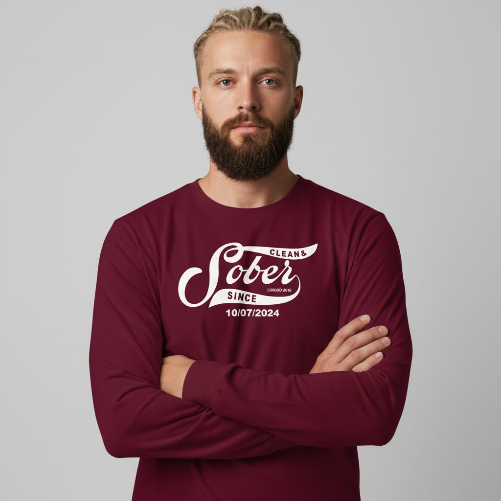 Sober Since Long Sleeve w Custom Sobriety Date Sober T Shirt fit detail (view 9)