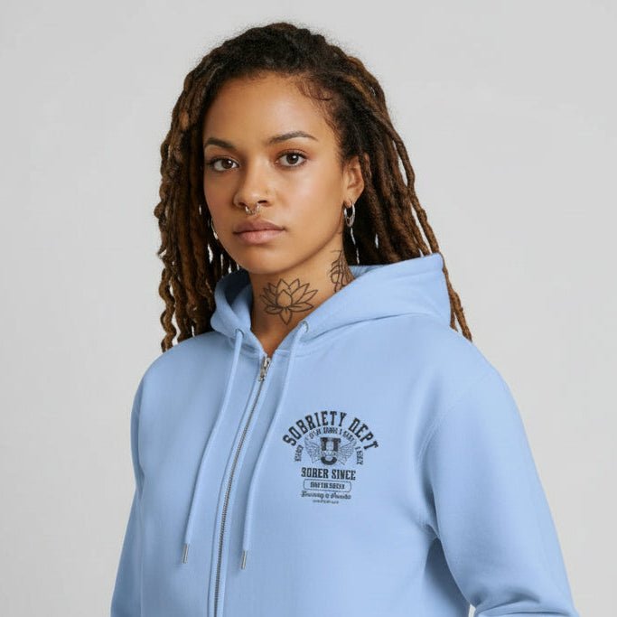 Sobriety Dept Zip Recovery Hoodie flat lay styled image (view 33)