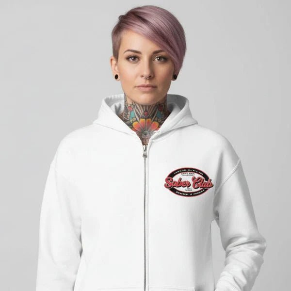 Sober Club Badge Left Chest Print Unisex Zip Recovery Hoodie lifestyle view (view 25)