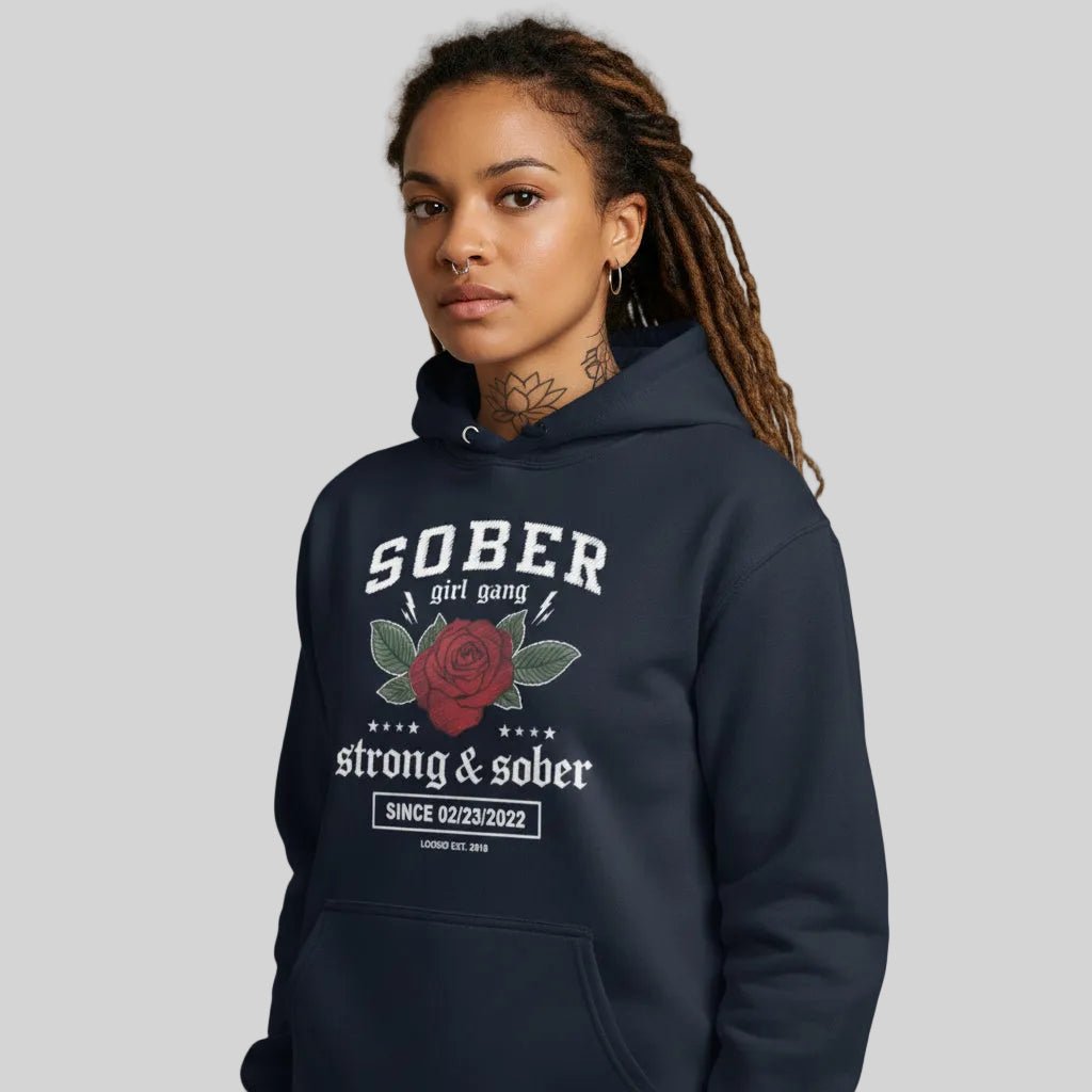 Sober Girl Gang Strong & Sober Crest Recovery Hoodie featuring the design (view 11)