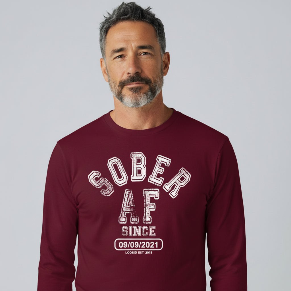 Sober AF Since Long Sleeve Sober T Shirt flat lay styled image (view 13)