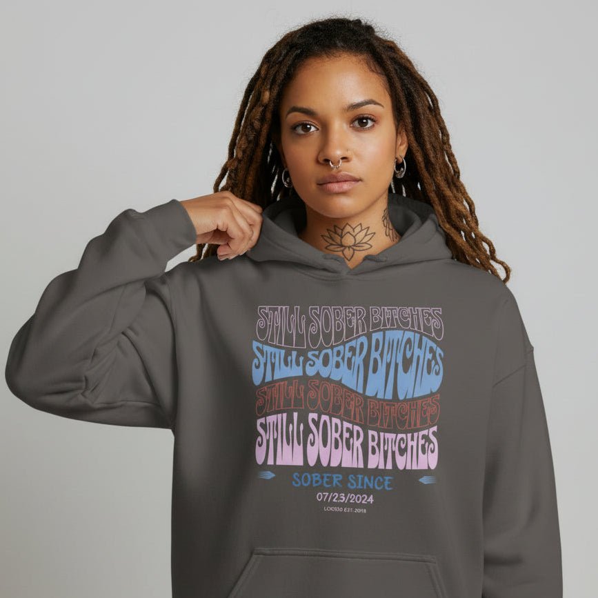 Still Sober B Custom Sobriety Date Recovery Hoodie flat lay styled image (view 43)