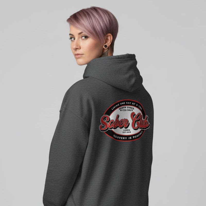 Sober Club Badge Recovery Hoodie close-up view (view 12)