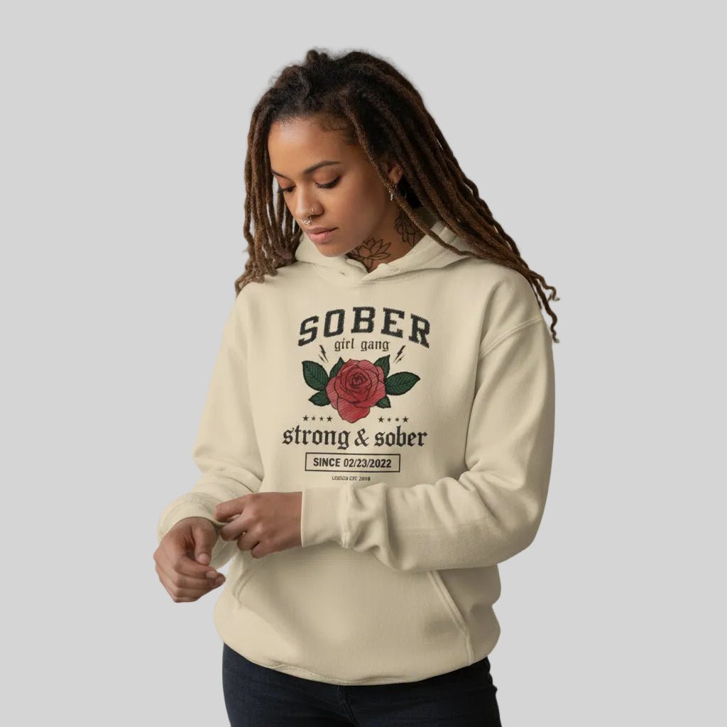 Sober Girl Gang Strong & Sober Crest Recovery Hoodie close-up view (view 22)