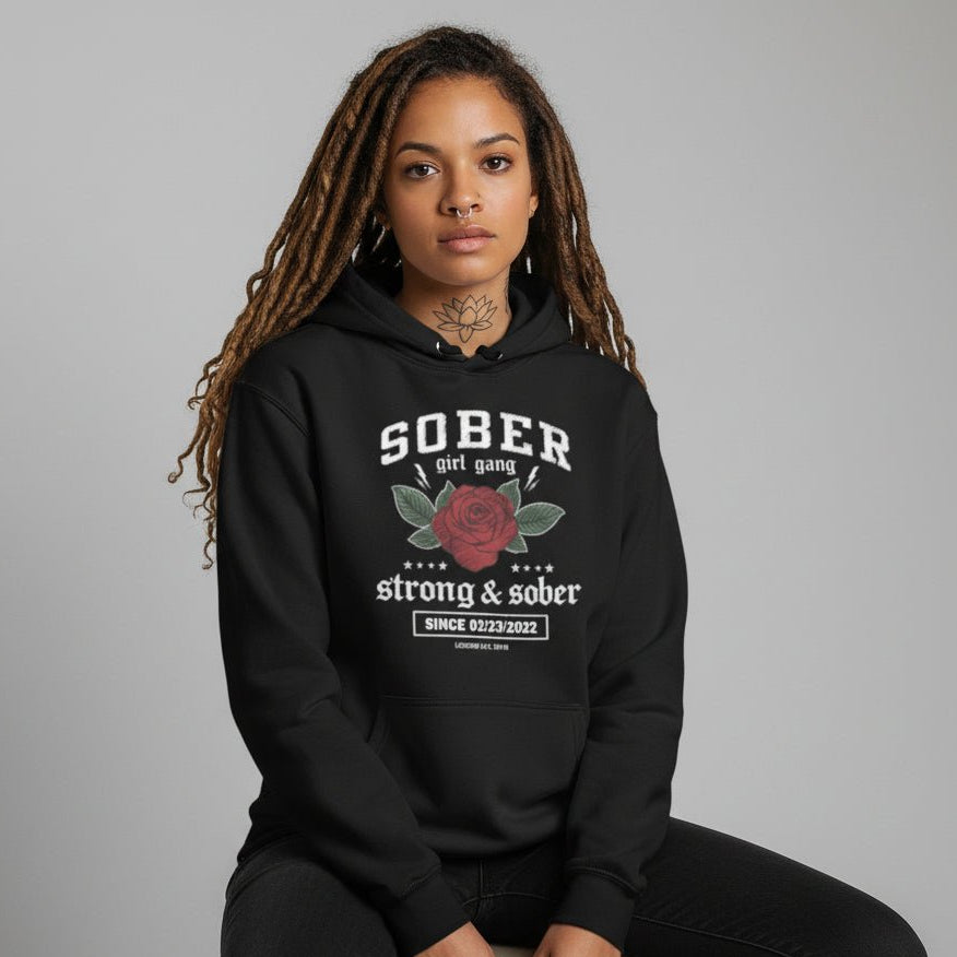 Sober Girl Gang Strong & Sober Crest Recovery Hoodie back view (view 7)