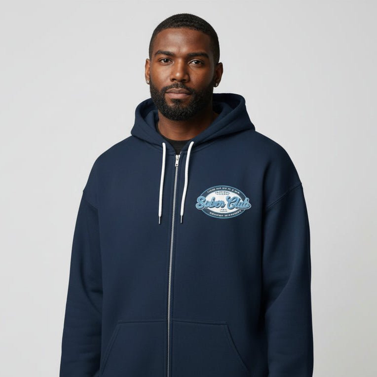 Sober Club Badge Unisex Zip Recovery Hoodie fit detail (view 9)