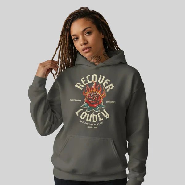 Recover Loudly Custom Sobriety Date Recovery Hoodie lifestyle view (view 5)