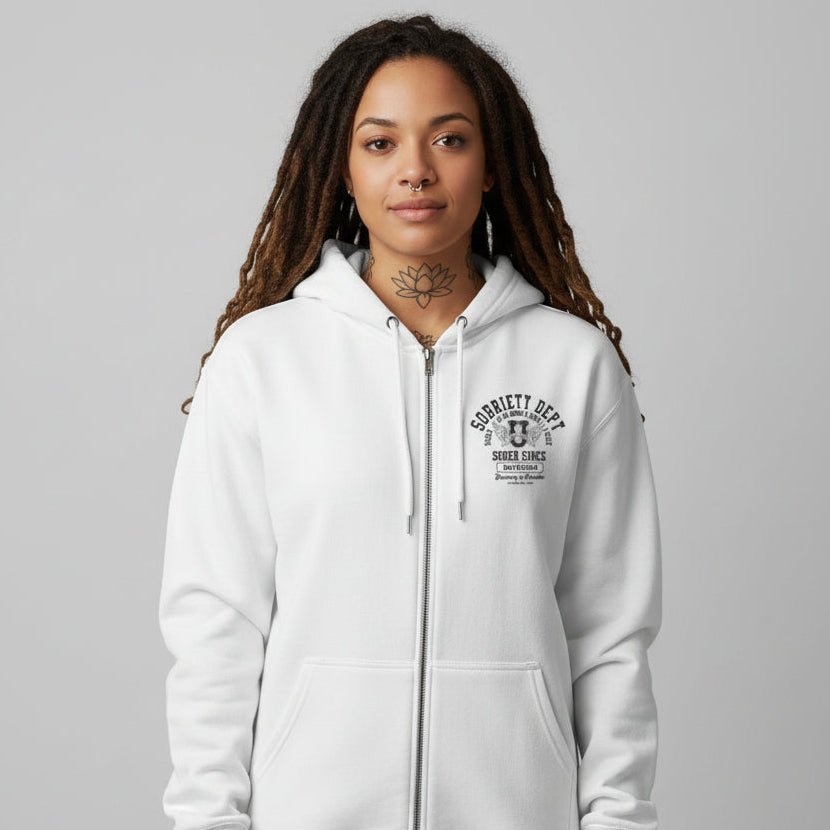 Sobriety Dept Zip Recovery Hoodie lifestyle view (view 5)