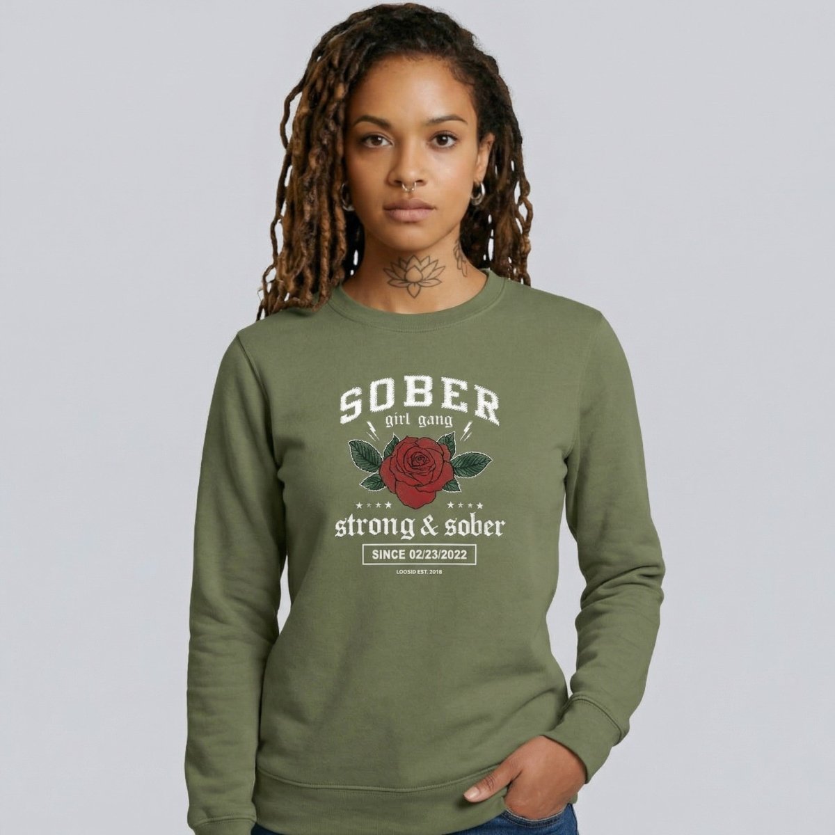 SOBER Girl Gang Strong & Sober Recovery Hoodie flat lay styled image (view 23)