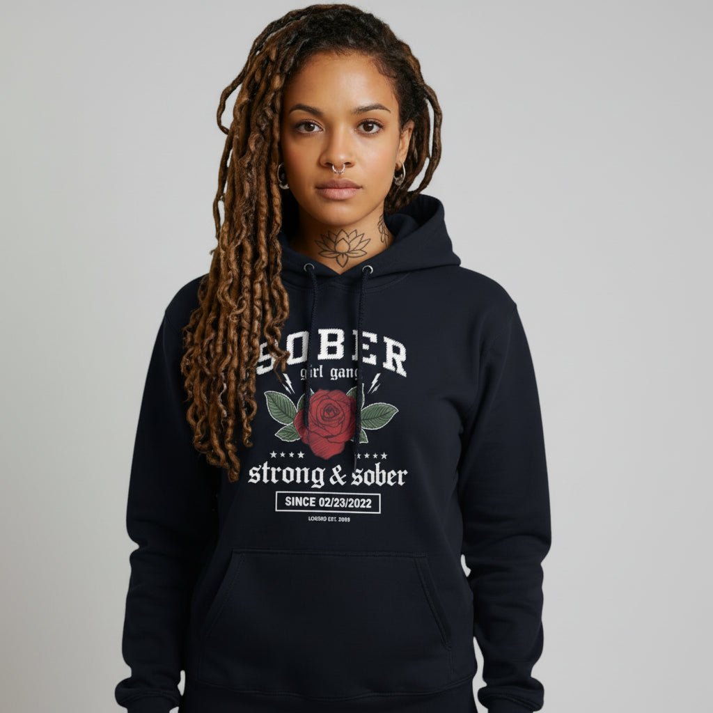 Sober Girl Gang Strong & Sober Crest Recovery Hoodie close-up view (view 12)