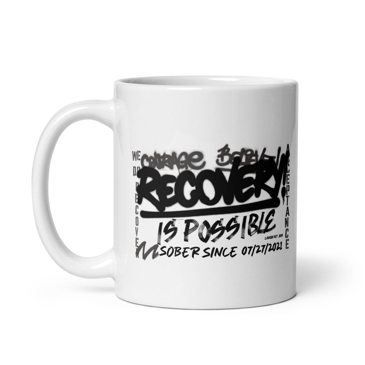 Recovery Is Possible glossy Sober Sober Coffee Mug flat lay styled image (view 3)