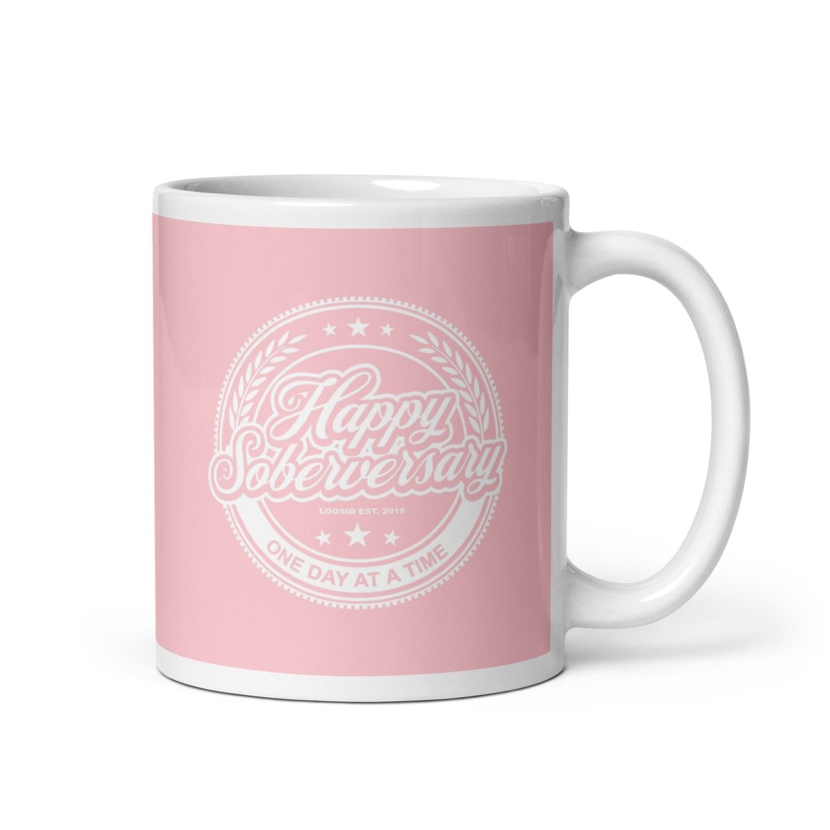Loosid Pink Happy Soberversary Sober Coffee Mug featuring the design