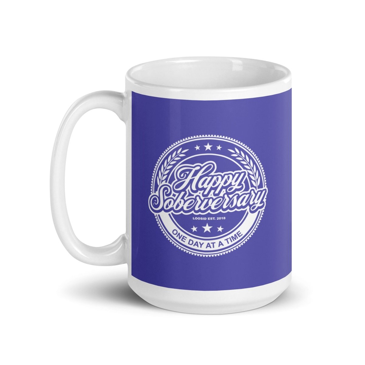 Purple Happy Soberversary Sober Coffee Mug lifestyle view (view 5)