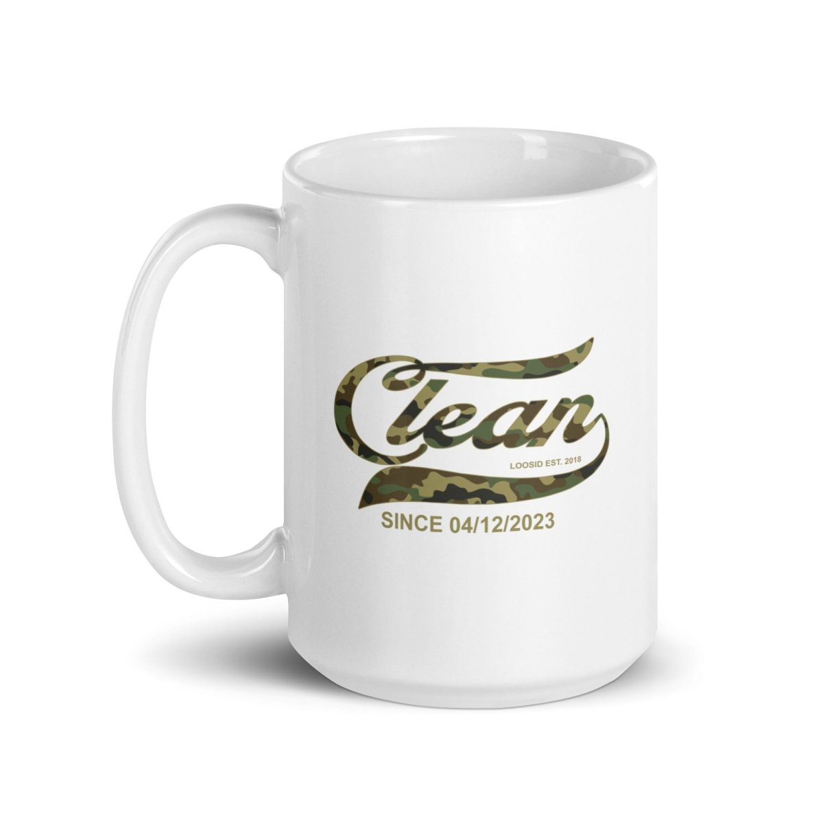 Clean Camo glossy Sober Sober Coffee Mug lifestyle view (view 5)