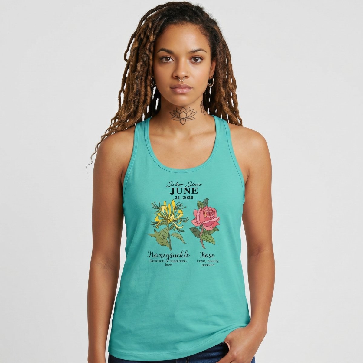 Sober Since Monthly Flower Personalized with Your Sober Date Sober Tank Top flat lay styled image (view 13)