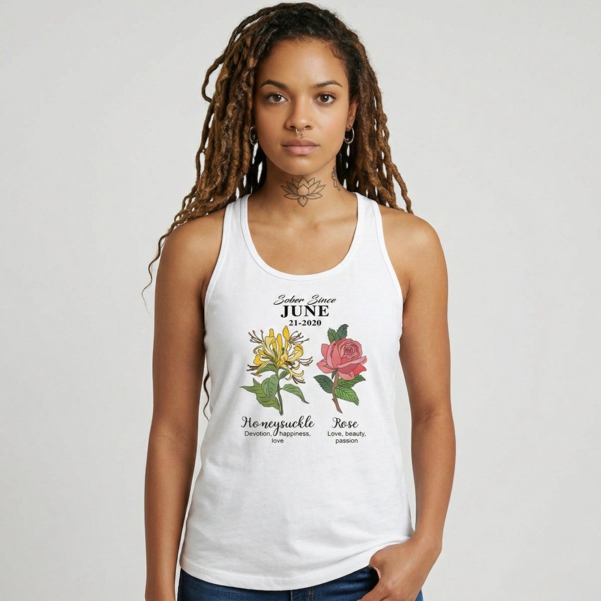 Sober Since Monthly Flower Personalized with Your Sober Date Sober Tank Top lifestyle view (view 5)