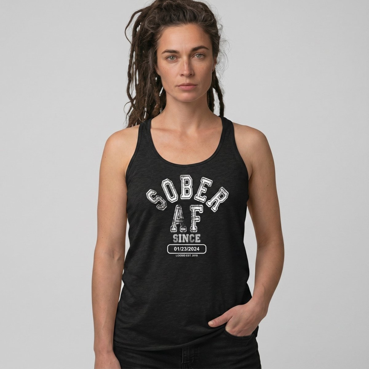 Sober AF Since Sober Tank Top flat lay styled image (view 3)