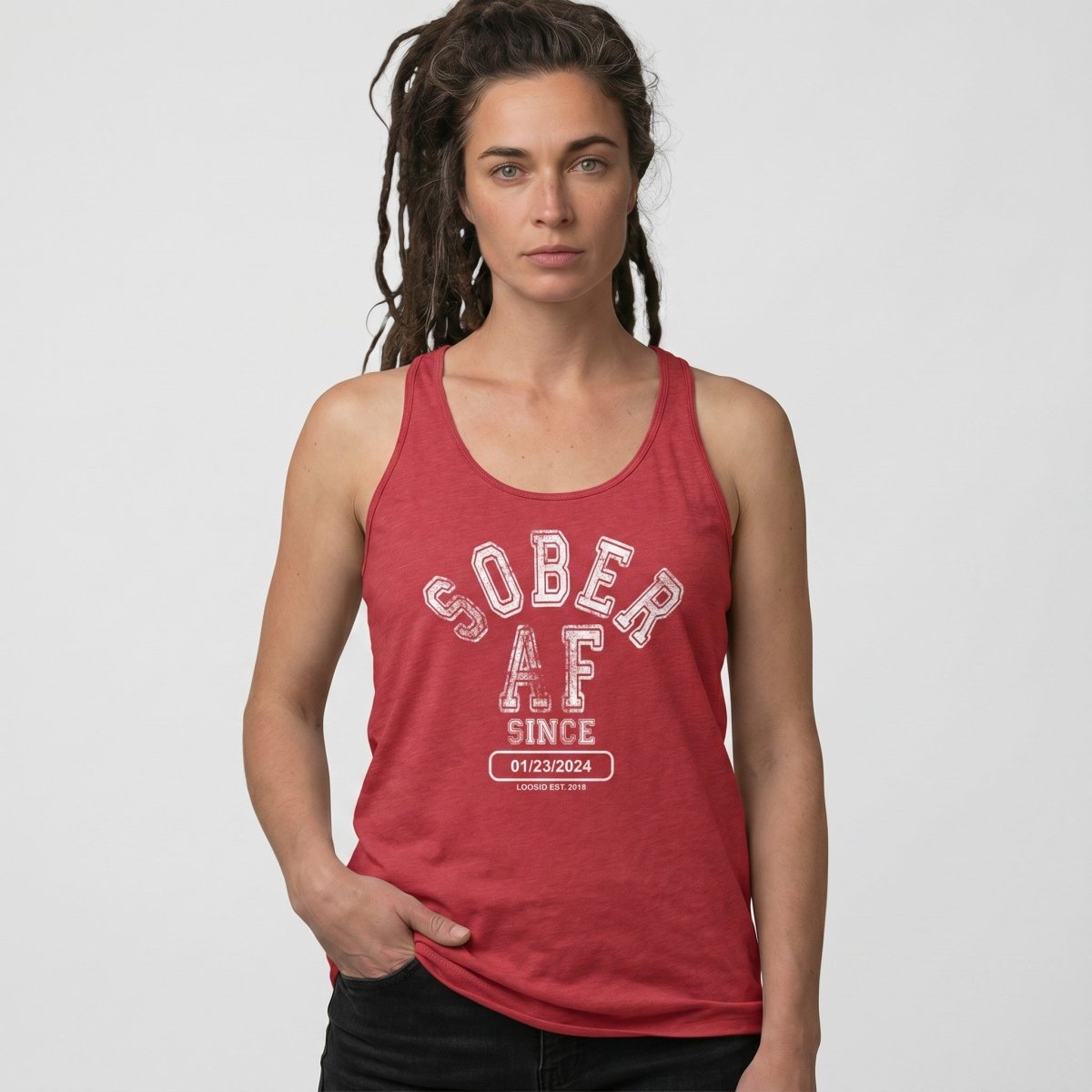 Sober AF Since Sober Tank Top flat lay styled image (view 13)