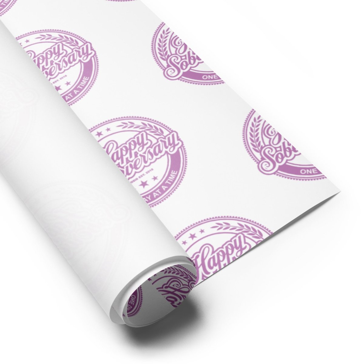 Pink Happy Soberversary Shield Wrapping Paper Sobriety Gift flat lay styled image (view 3)