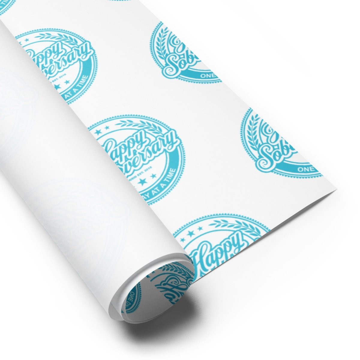 Lt. Blue Happy Soberversary Shield Wrapping Paper Sobriety Gift flat lay styled image (view 3)