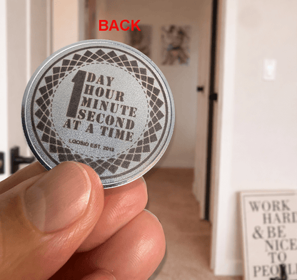 Clean Date Engraved Sobriety Coin close-up view (view 2)
