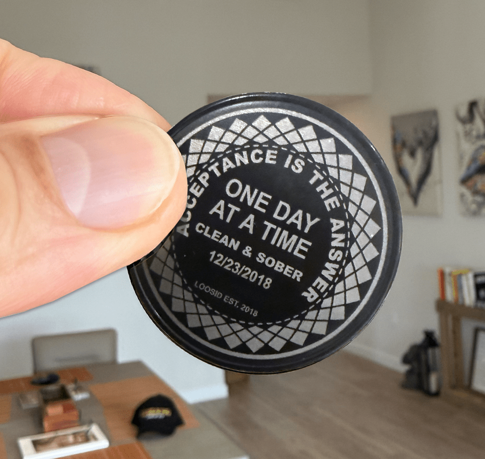 Loosid Acceptance Is The Answer Black Clean or Sober Year Sobriety Coin featuring the design
