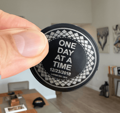 Loosid One Day At A Time Clean or Sober Year Black Sobriety Coin featuring the design