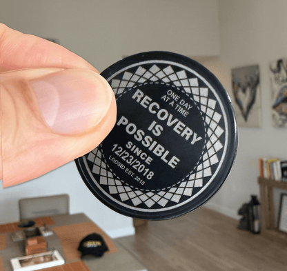 Loosid Recovery Is Possible Clean or Sober Year Black Sobriety Coin featuring the design