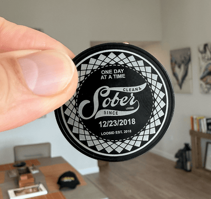 Loosid Sober Date Engraved Black Sobriety Coin featuring the design
