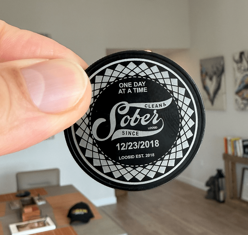 Loosid Sober Date Engraved Black Sobriety Coin featuring the design