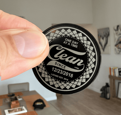 Loosid Clean Date Engraved Black Sobriety Coin featuring the design